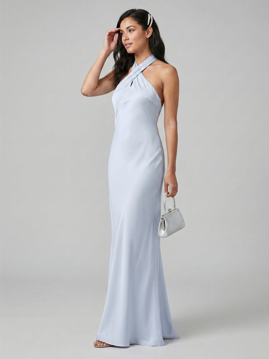 Elegant Mist Satin column Halter neckline Ankle-Length Bridesmaid Dress with Minimalist Design - Curvevia