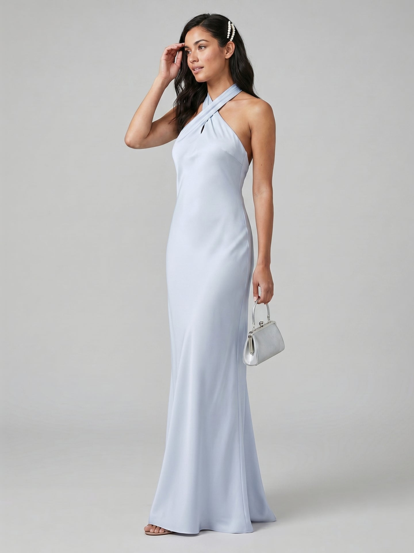 Elegant Mist Satin column Halter neckline Ankle-Length Bridesmaid Dress with Minimalist Design - Curvevia