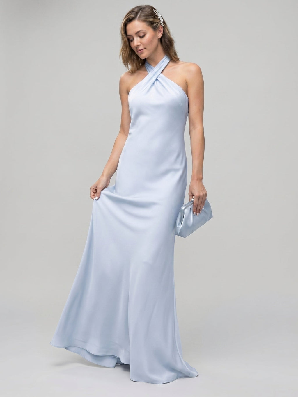 Elegant Mist Satin column Halter neckline Ankle-Length Bridesmaid Dress with Minimalist Design - Curvevia