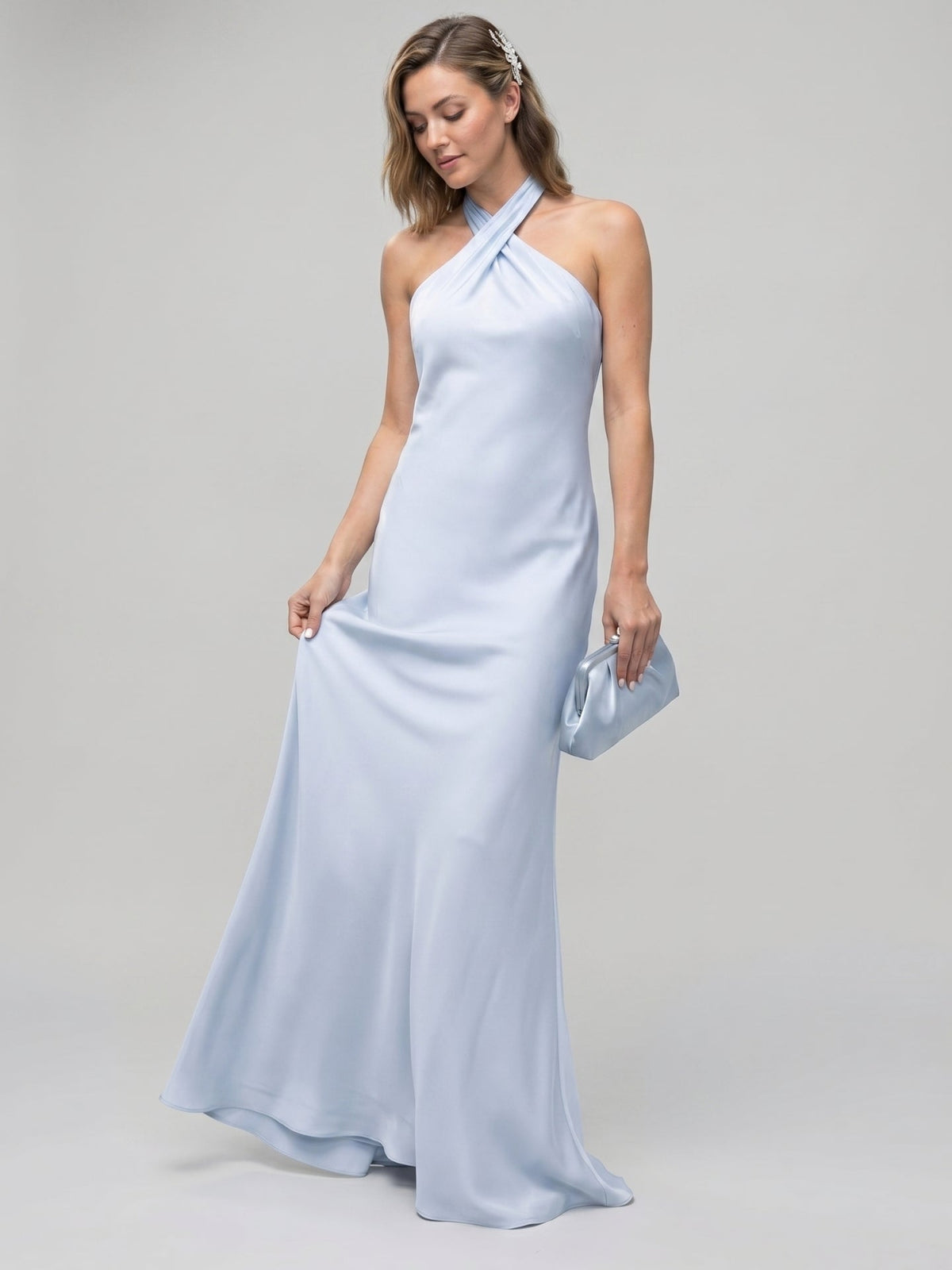 Elegant Mist Satin column Halter neckline Ankle-Length Bridesmaid Dress with Minimalist Design - Curvevia