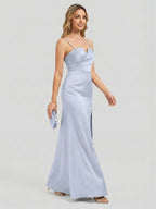 Elegant Mist Satin A-Line Straight Neck Back Zip Ankle-Length Bridesmaid Dress - Curvevia