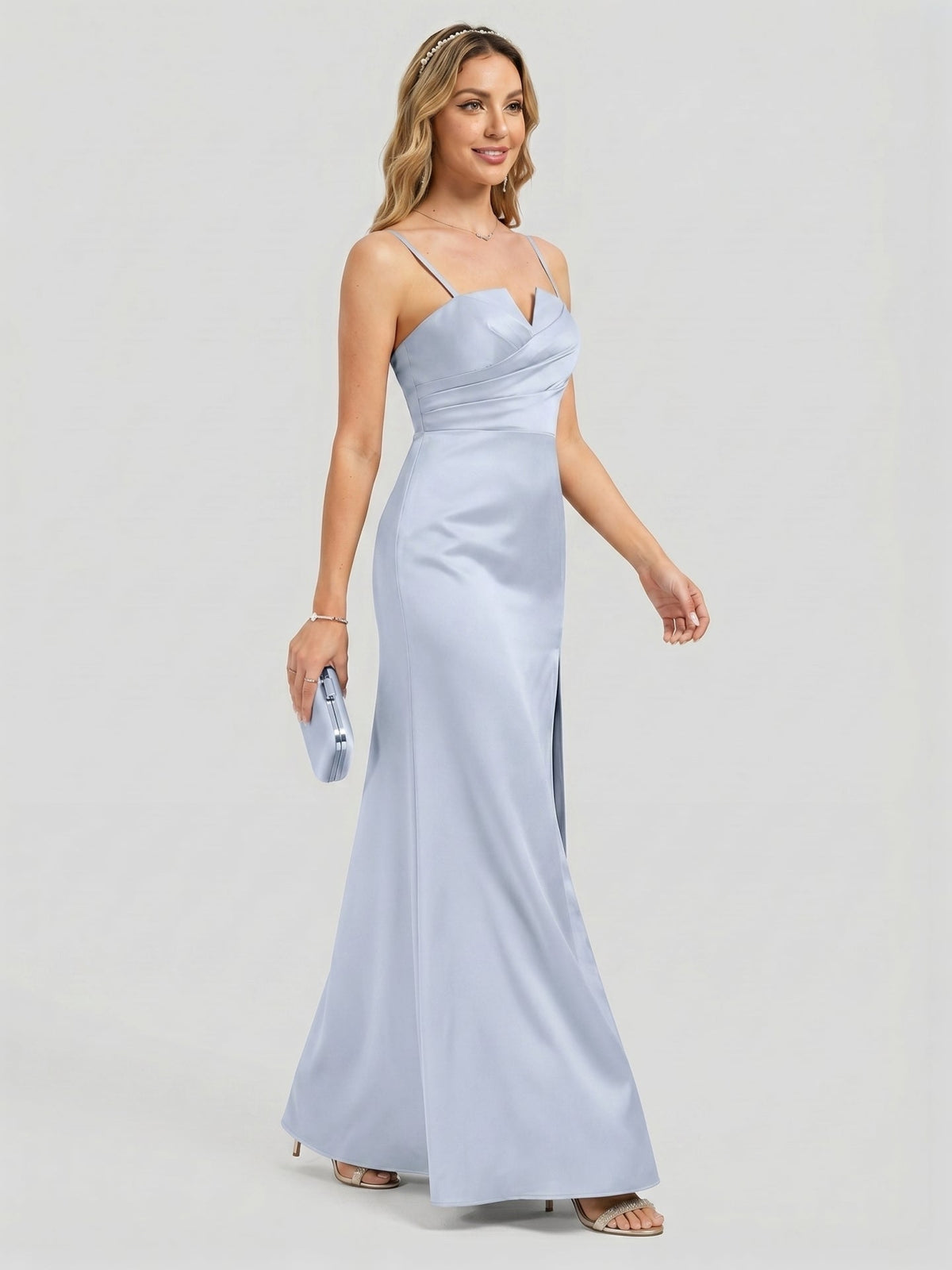 Elegant Mist Satin A-Line Straight Neck Back Zip Ankle-Length Bridesmaid Dress - Curvevia