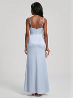 Elegant Mist Satin A-Line Straight Neck Back Zip Ankle-Length Bridesmaid Dress - Curvevia