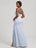 Elegant Mist Satin A-Line Straight Neck Back Zip Ankle-Length Bridesmaid Dress - Curvevia