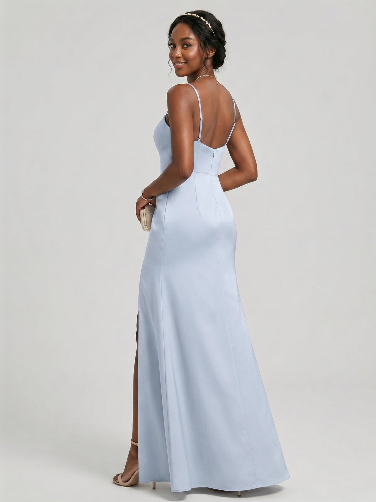 Elegant Mist Satin A-Line Straight Neck Back Zip Ankle-Length Bridesmaid Dress - Curvevia