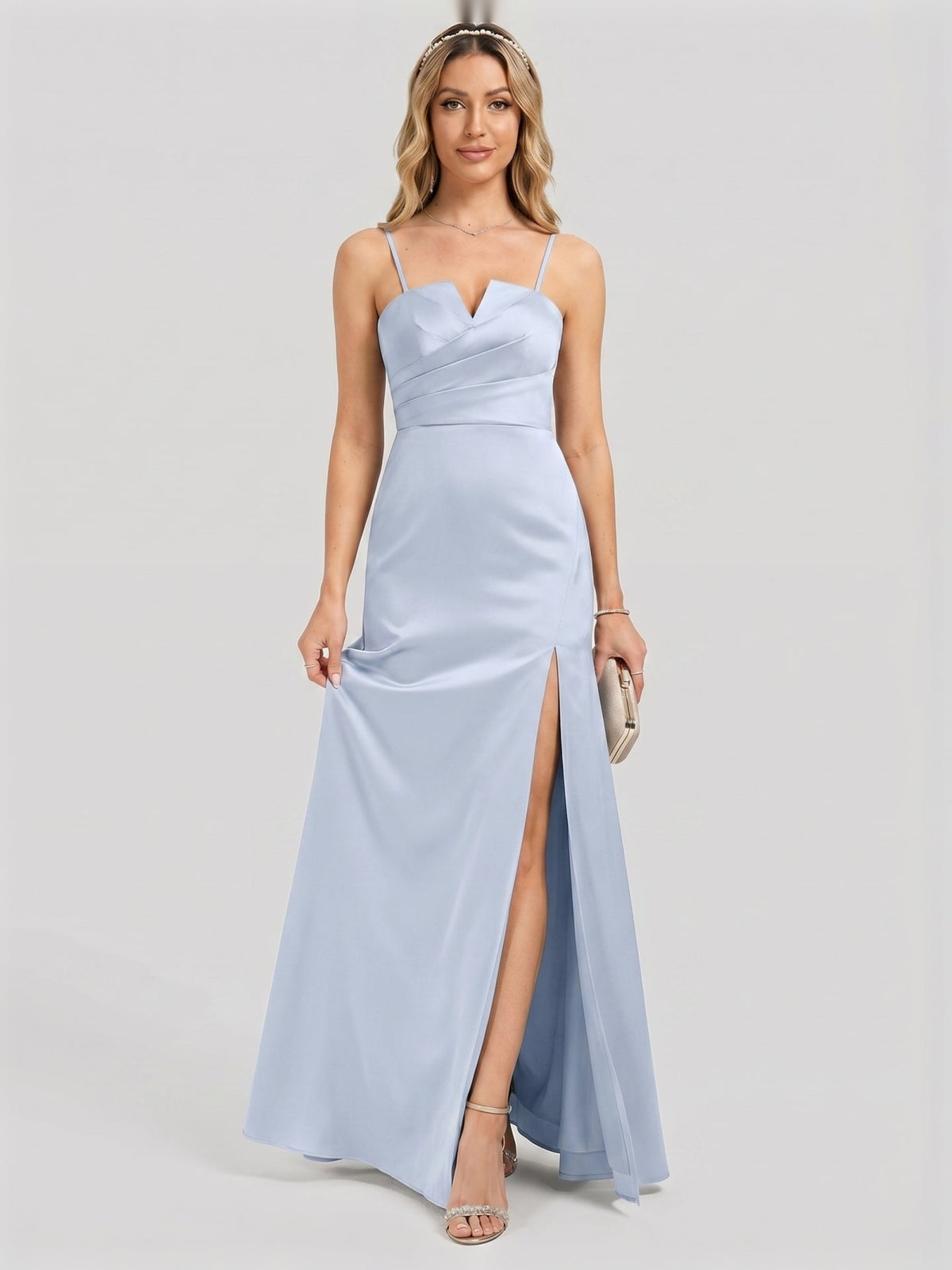 Elegant Mist Satin A-Line Straight Neck Back Zip Ankle-Length Bridesmaid Dress - Curvevia