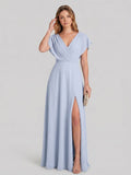 Graceful Mist Chiffon A-Line V-Neck Backless Ankle-Length Bridesmaid Dress - Curvevia