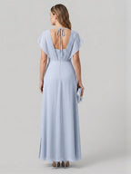Graceful Mist Chiffon A-Line V-Neck Backless Ankle-Length Bridesmaid Dress - Curvevia