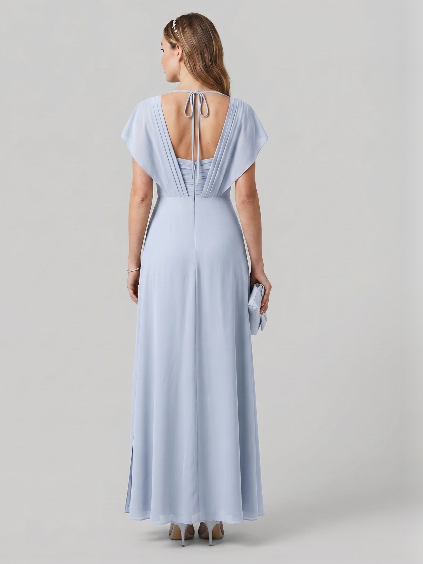 Graceful Mist Chiffon A-Line V-Neck Backless Ankle-Length Bridesmaid Dress - Curvevia