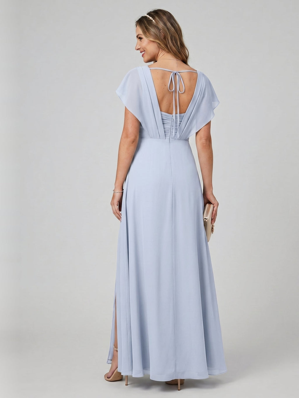 Graceful Mist Chiffon A-Line V-Neck Backless Ankle-Length Bridesmaid Dress - Curvevia