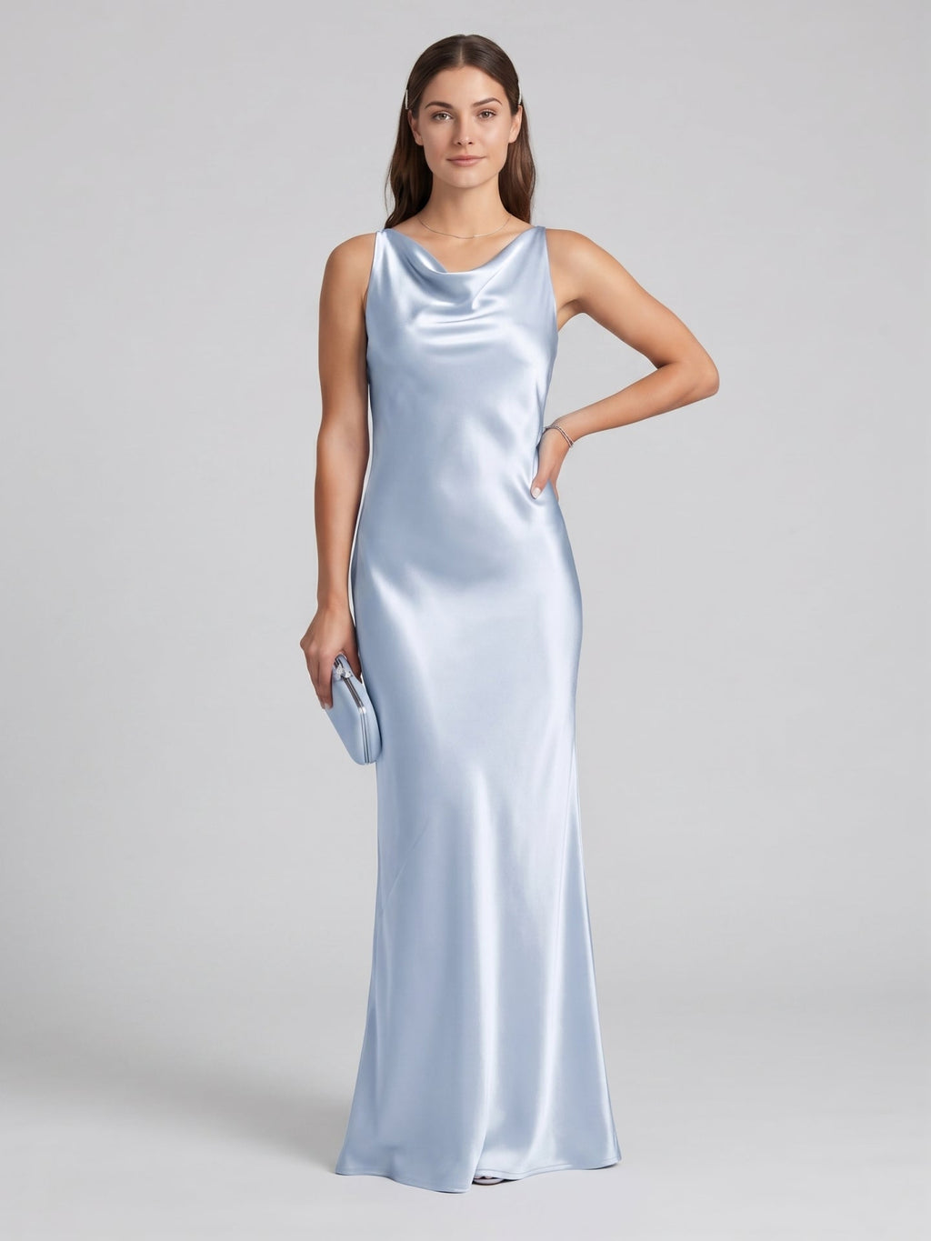 Elegant Mist Satin mermaid Cowl Neck Back Zip Ankle-Length Bridesmaid Dress - Curvevia