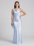 Elegant Mist Satin mermaid Cowl Neck Back Zip Ankle-Length Bridesmaid Dress - Curvevia