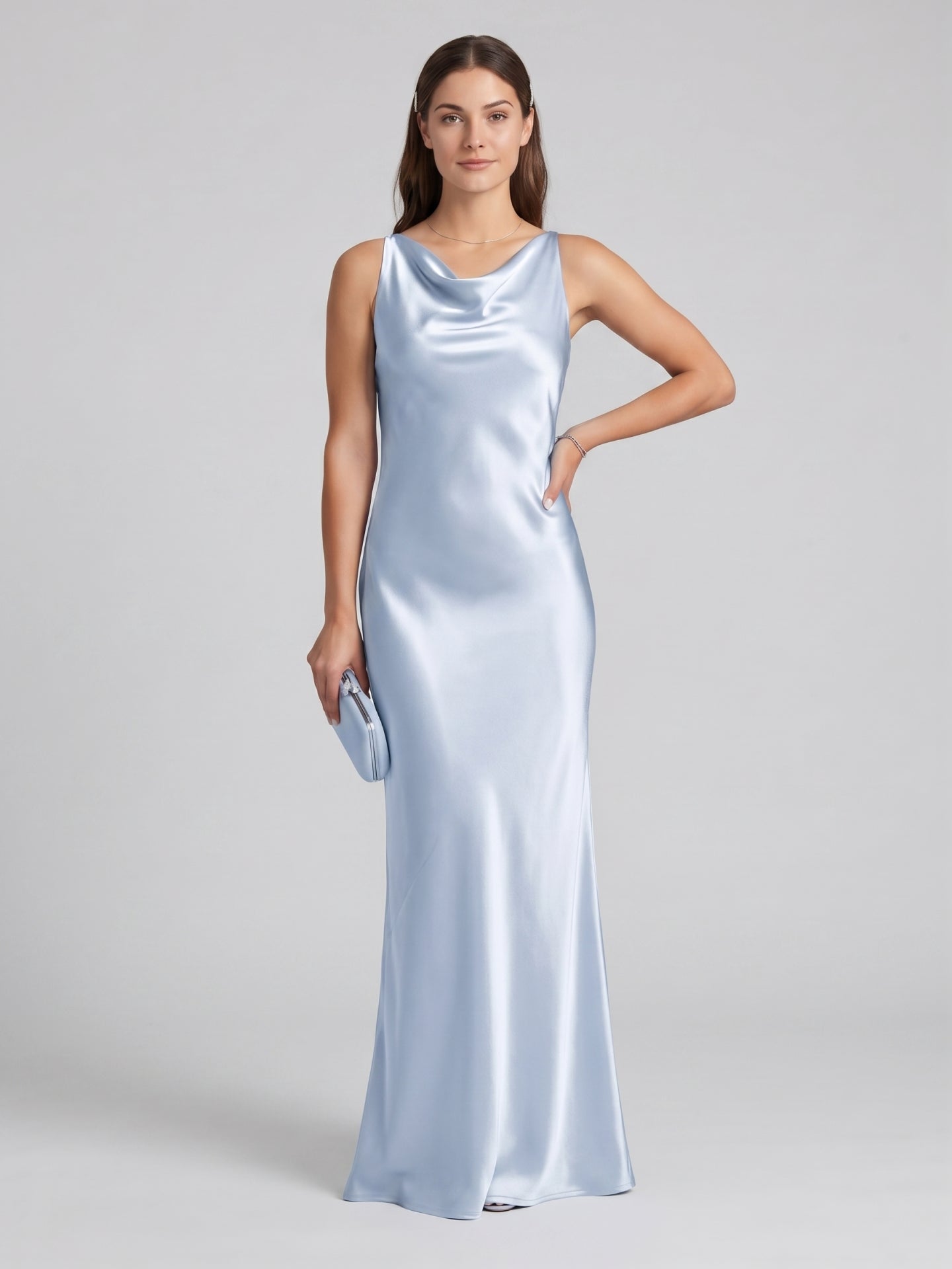 Elegant Mist Satin mermaid Cowl Neck Back Zip Ankle-Length Bridesmaid Dress - Curvevia