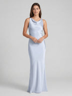Elegant Mist Satin mermaid Cowl Neck Back Zip Ankle-Length Bridesmaid Dress - Curvevia