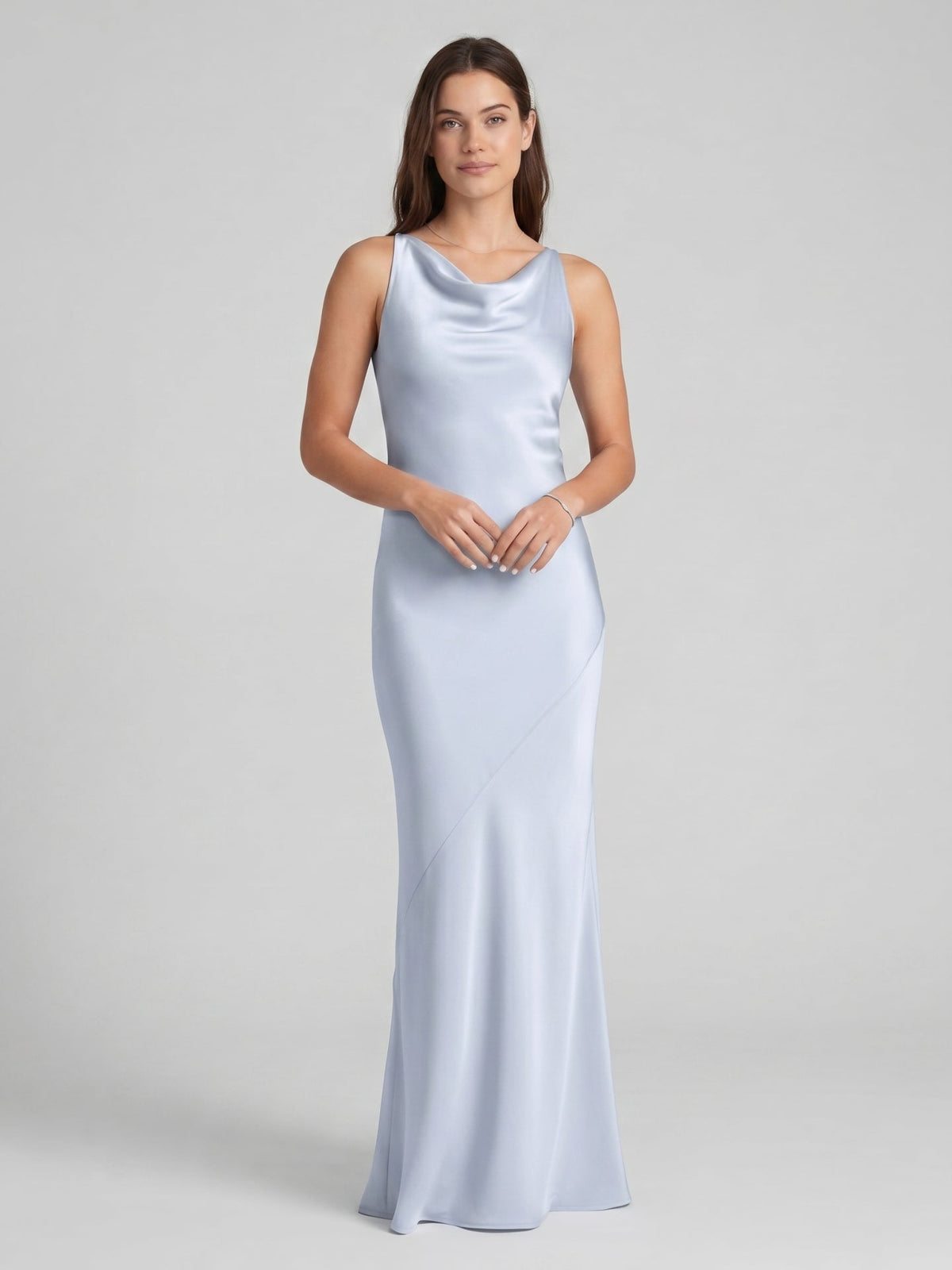 Elegant Mist Satin mermaid Cowl Neck Back Zip Ankle-Length Bridesmaid Dress - Curvevia