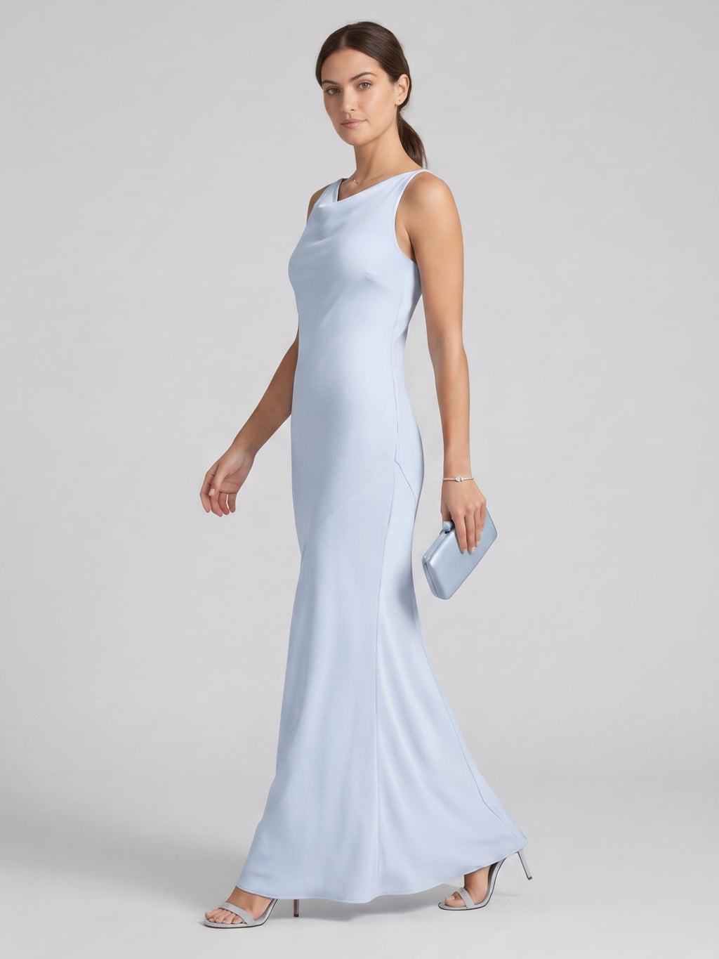 Elegant Mist Satin mermaid Cowl Neck Back Zip Ankle-Length Bridesmaid Dress - Curvevia