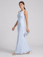 Elegant Mist Satin mermaid Cowl Neck Back Zip Ankle-Length Bridesmaid Dress - Curvevia