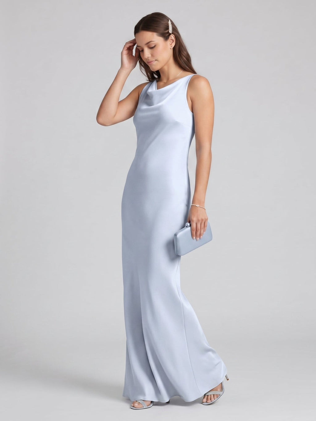 Elegant Mist Satin mermaid Cowl Neck Back Zip Ankle-Length Bridesmaid Dress - Curvevia