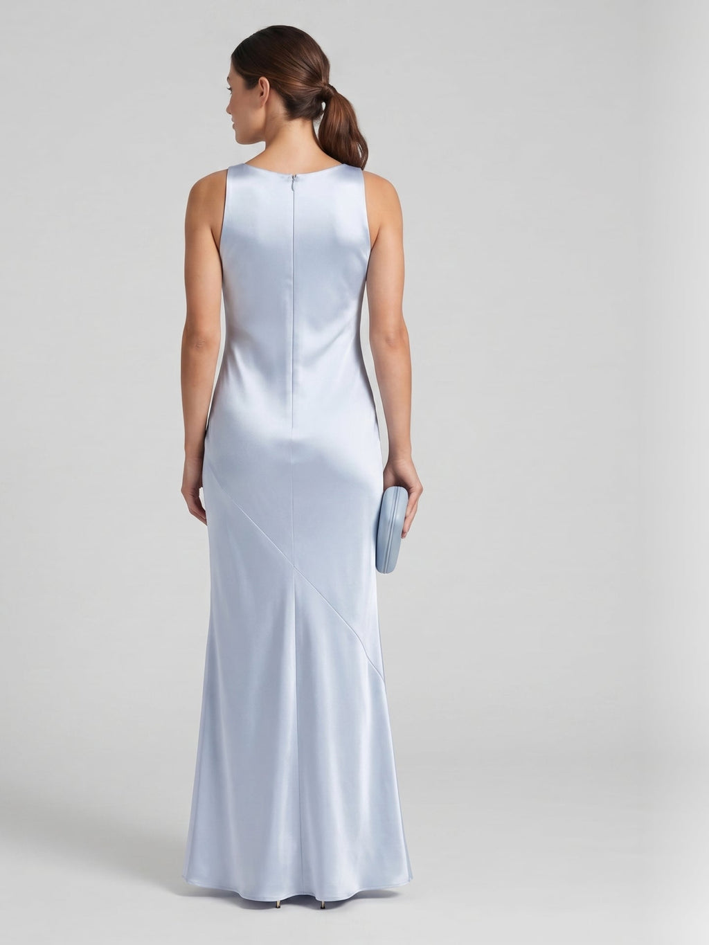 Elegant Mist Satin mermaid Cowl Neck Back Zip Ankle-Length Bridesmaid Dress - Curvevia