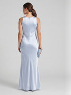 Elegant Mist Satin mermaid Cowl Neck Back Zip Ankle-Length Bridesmaid Dress - Curvevia
