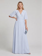Simple Mist Chiffon A-Line V-Neck Back Zip Ankle-Length Bridesmaid Dress - Curvevia