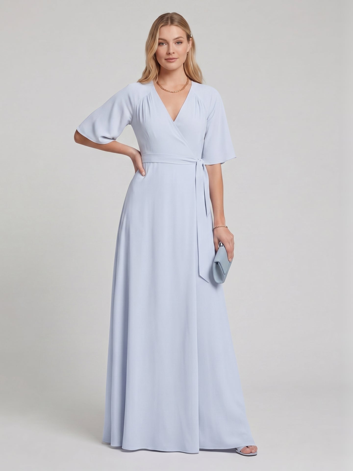 Simple Mist Chiffon A-Line V-Neck Back Zip Ankle-Length Bridesmaid Dress - Curvevia
