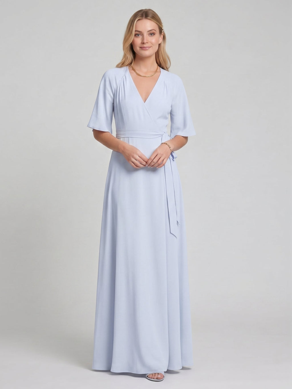 Simple Mist Chiffon A-Line V-Neck Back Zip Ankle-Length Bridesmaid Dress - Curvevia