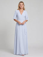 Simple Mist Chiffon A-Line V-Neck Back Zip Ankle-Length Bridesmaid Dress - Curvevia