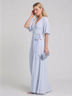Simple Mist Chiffon A-Line V-Neck Back Zip Ankle-Length Bridesmaid Dress - Curvevia