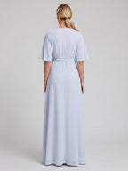 Simple Mist Chiffon A-Line V-Neck Back Zip Ankle-Length Bridesmaid Dress - Curvevia