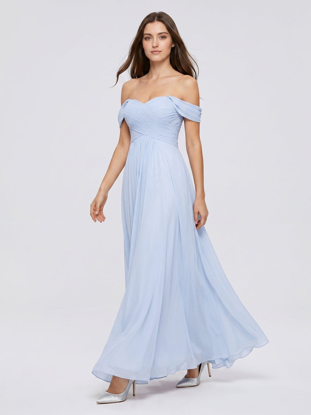 Mist Chiffon A-Line Off-the-Shoulder Backless Floor-Length Bridesmaid Dress with Pleated Details - Curvevia