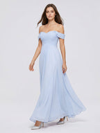 Mist Chiffon A-Line Off-the-Shoulder Backless Floor-Length Bridesmaid Dress with Pleated Details - Curvevia