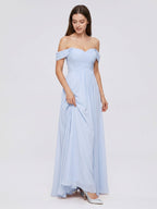 Mist Chiffon A-Line Off-the-Shoulder Backless Floor-Length Bridesmaid Dress with Pleated Details - Curvevia