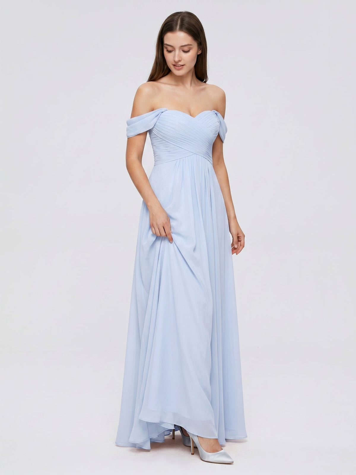 Mist Chiffon A-Line Off-the-Shoulder Backless Floor-Length Bridesmaid Dress with Pleated Details - Curvevia