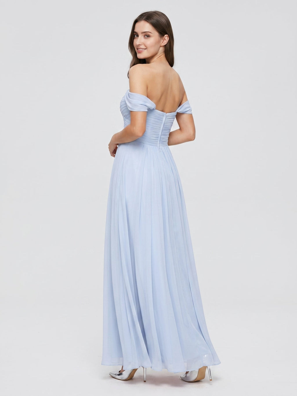 Mist Chiffon A-Line Off-the-Shoulder Backless Floor-Length Bridesmaid Dress with Pleated Details - Curvevia