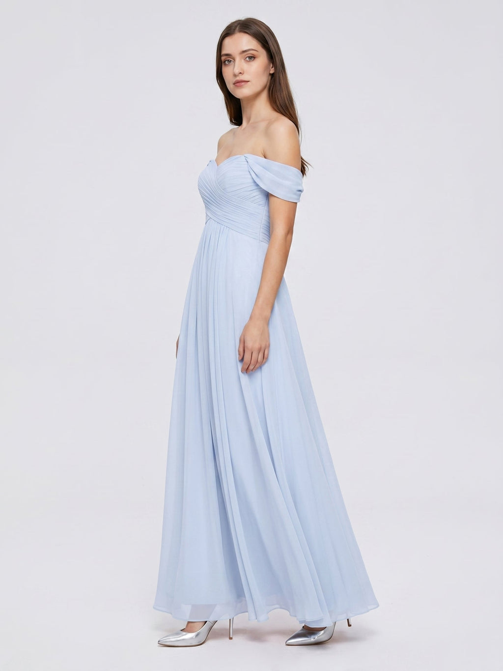Mist Chiffon A-Line Off-the-Shoulder Backless Floor-Length Bridesmaid Dress with Pleated Details - Curvevia