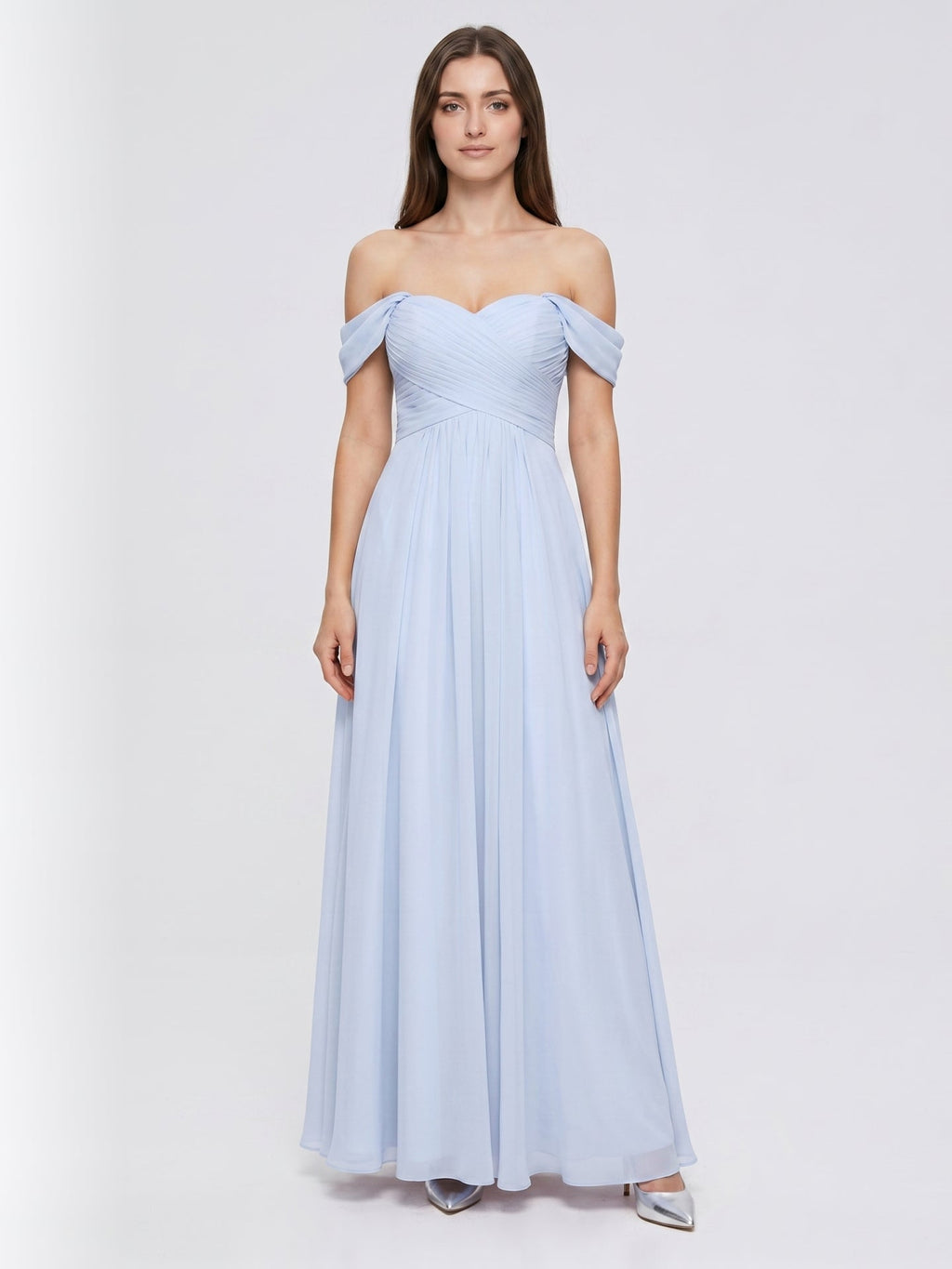 Mist Chiffon A-Line Off-the-Shoulder Backless Floor-Length Bridesmaid Dress with Pleated Details - Curvevia