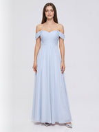 Mist Chiffon A-Line Off-the-Shoulder Backless Floor-Length Bridesmaid Dress with Pleated Details - Curvevia
