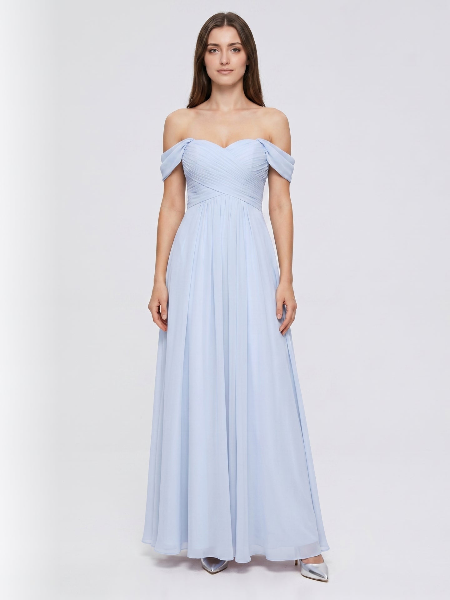 Mist Chiffon A-Line Off-the-Shoulder Backless Floor-Length Bridesmaid Dress with Pleated Details - Curvevia