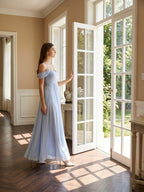 Mist Chiffon A-Line Off-the-Shoulder Backless Floor-Length Bridesmaid Dress with Pleated Details - Curvevia