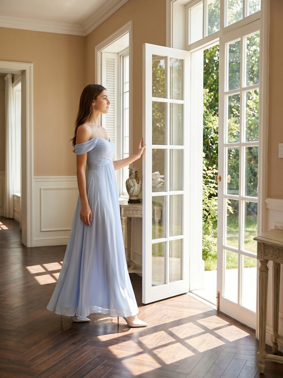 Mist Chiffon A-Line Off-the-Shoulder Backless Floor-Length Bridesmaid Dress with Pleated Details - Curvevia