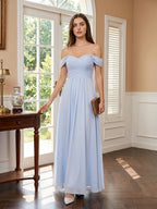 Mist Chiffon A-Line Off-the-Shoulder Backless Floor-Length Bridesmaid Dress with Pleated Details - Curvevia