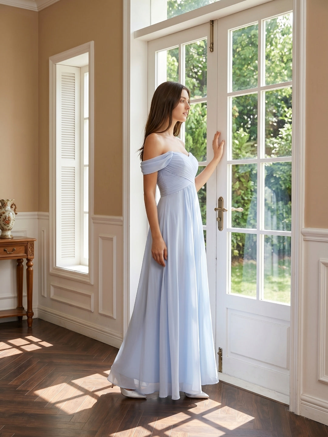 Mist Chiffon A-Line Off-the-Shoulder Backless Floor-Length Bridesmaid Dress with Pleated Details - Curvevia