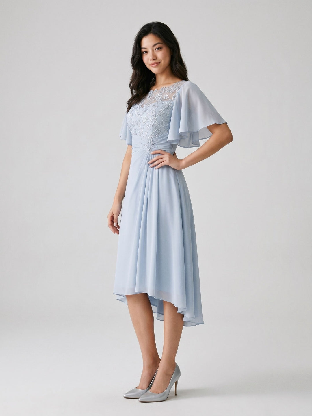 Mist Chiffon A-Line Scoop Neck Asymmetrical Dress with Beading - Curvevia