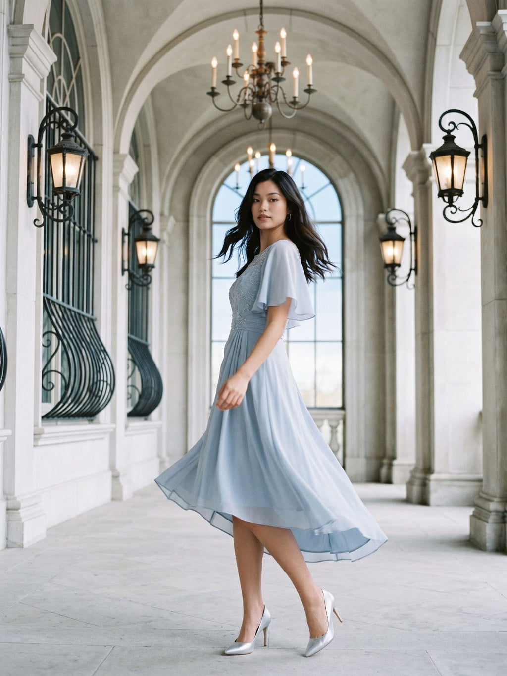 Mist Chiffon A-Line Scoop Neck Asymmetrical Dress with Beading - Curvevia
