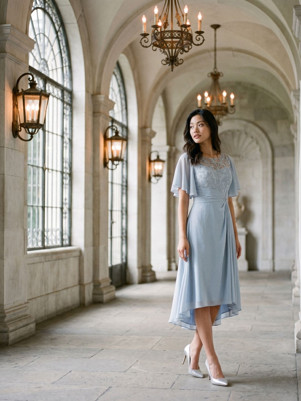 Mist Chiffon A-Line Scoop Neck Asymmetrical Dress with Beading - Curvevia