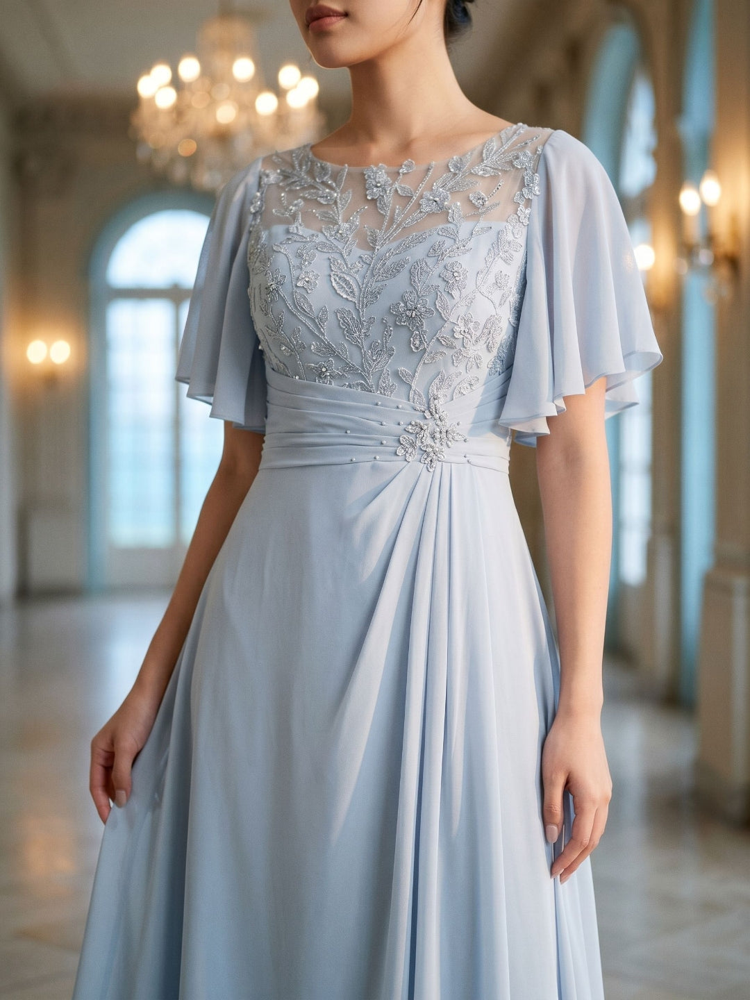 Mist Chiffon A-Line Scoop Neck Asymmetrical Dress with Beading - Curvevia