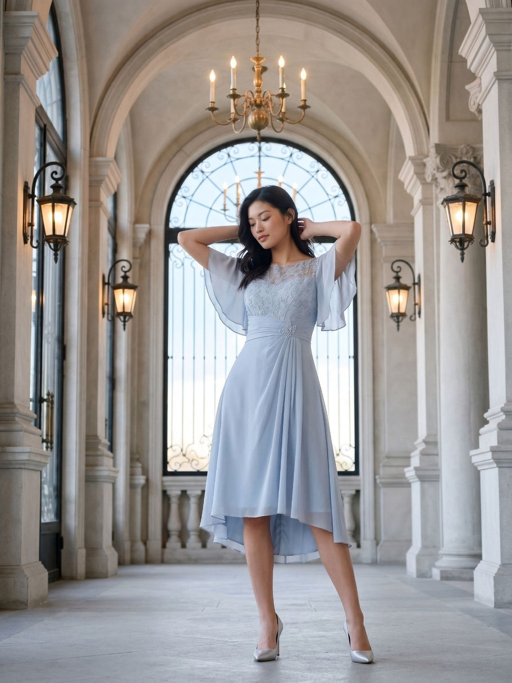 Mist Chiffon A-Line Scoop Neck Asymmetrical Dress with Beading - Curvevia