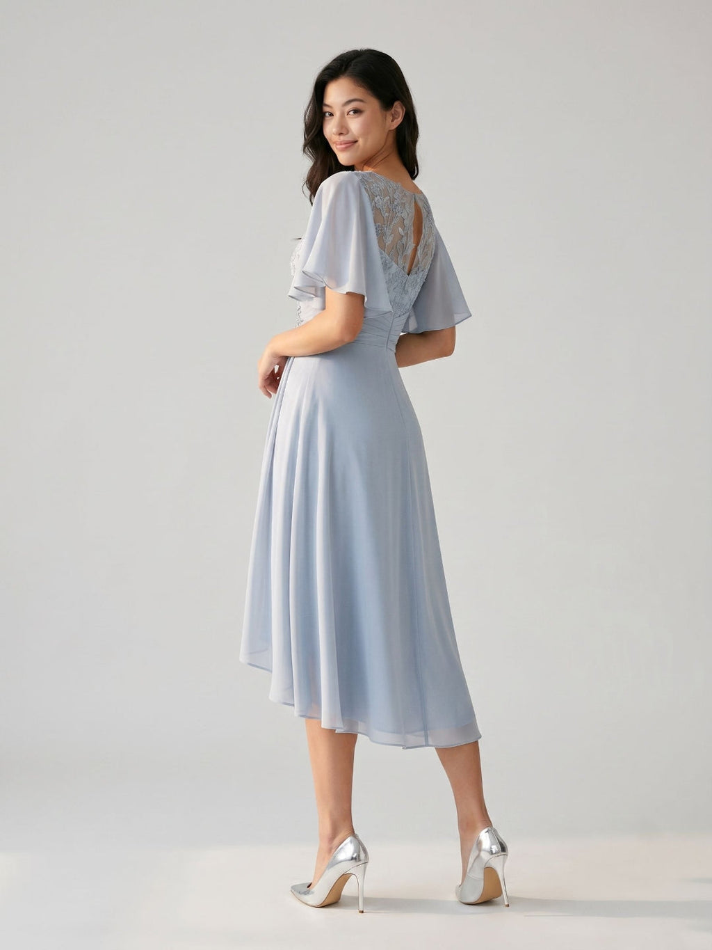 Mist Chiffon A-Line Scoop Neck Asymmetrical Dress with Beading - Curvevia