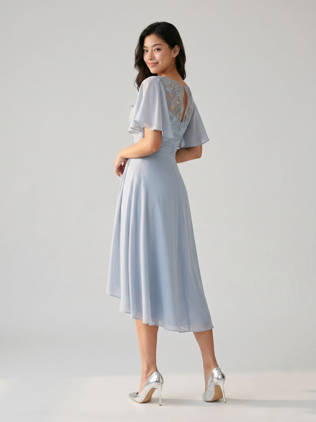 Mist Chiffon A-Line Scoop Neck Asymmetrical Dress with Beading - Curvevia